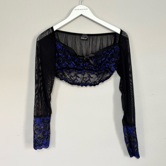 Frederick's of Hollywood Other - FREDERICK’S OF HOLLYWOOD Women’s Black Blue Mesh Lace Long Sleeve Crop Top Sz XL